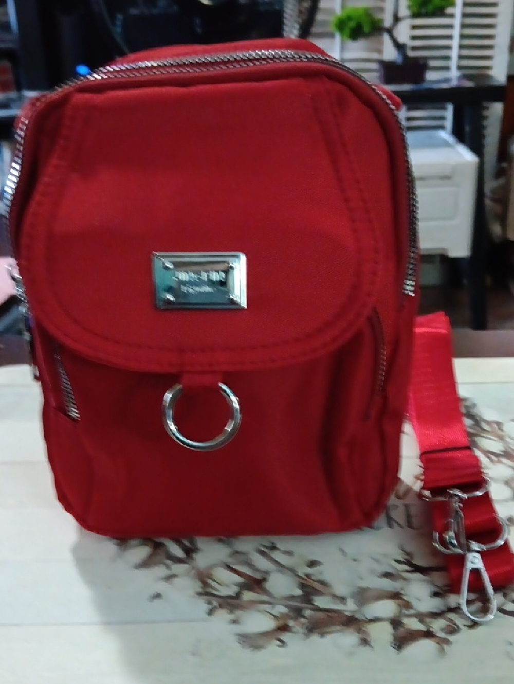Red Womens or Mens Crossbody Bag with Silver Hardware